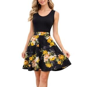 Women's Small Fit and Flare Summer Dress Black Yellow Floral Comfort Stretch